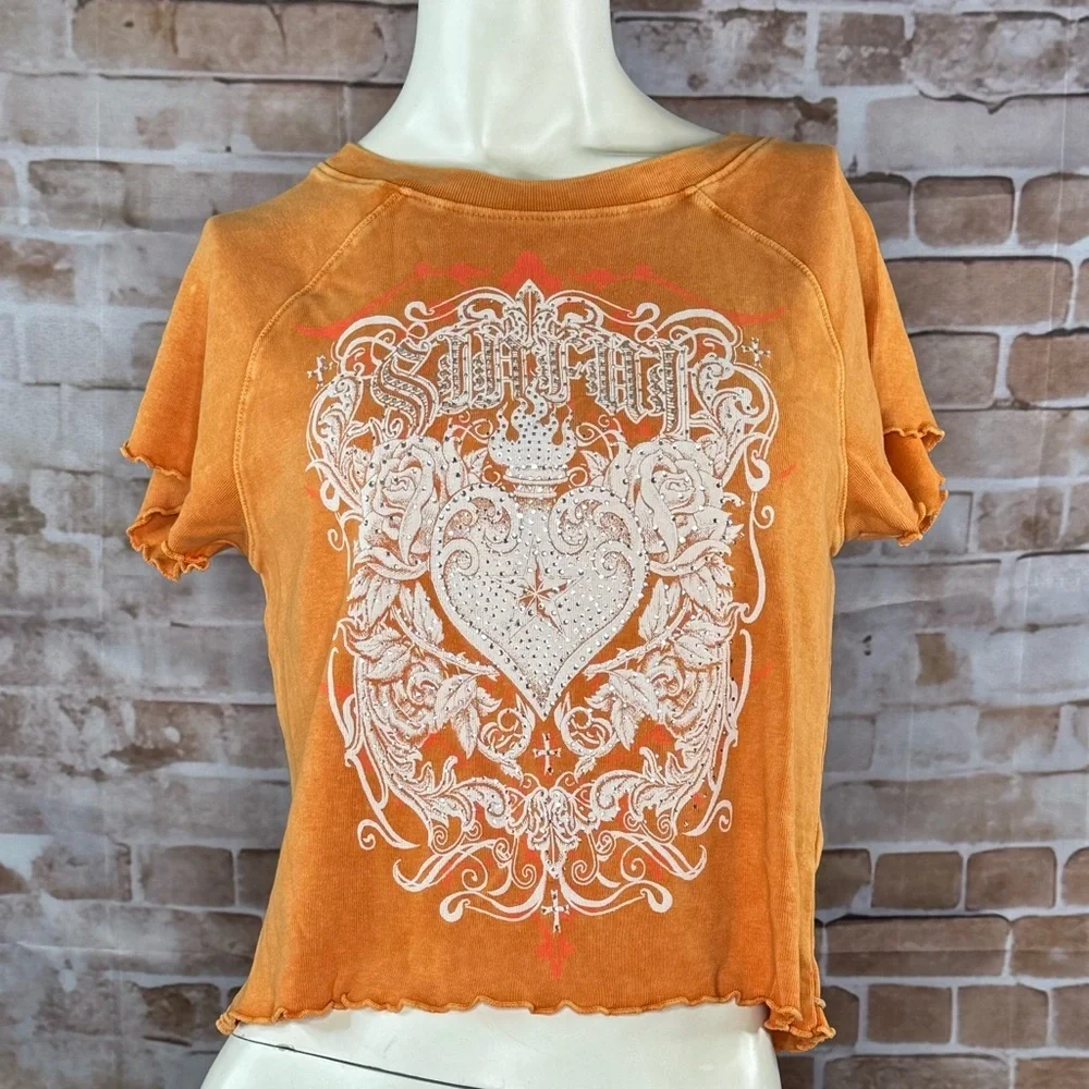Sinful By Affliction Catherine Short Sleeve Orange Crop Top - NWT - Picture 3 of 10